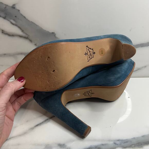 Anthropologie Miss Albright | Women's Blue Suede Rosette Melia Heels Sz 8 - Picture 7 of 7